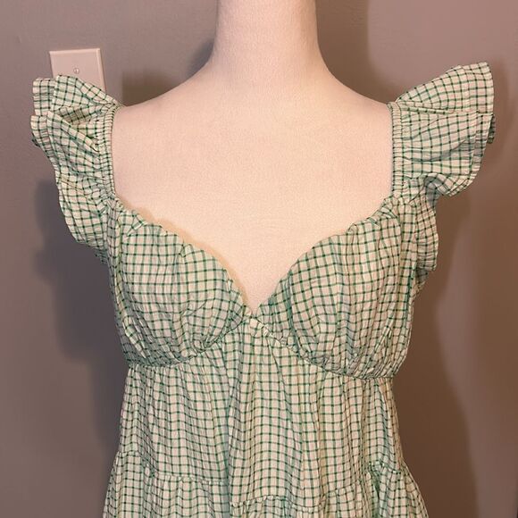 English Factory green and white checkered mini tiered dress NEW size S - Picture 4 of 8
